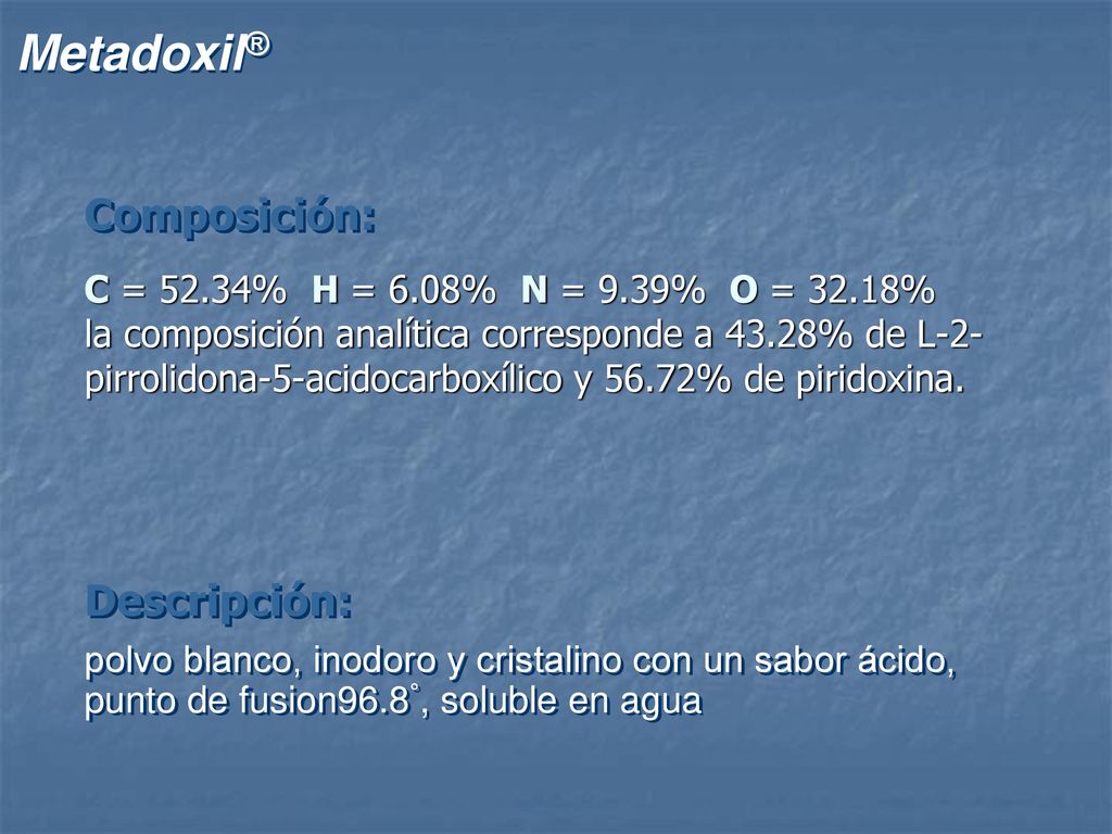 Composición: Descripción: C = 52.34% H = 6.08% N = 9.39% O = 32.18%
