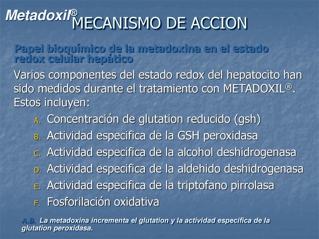 MECANISMO DE ACCION Papel bioquímico de la metadoxina en el estado redox celular hepático.