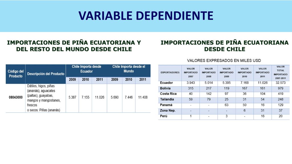VARIABLE DEPENDIENTE IMPORTACIONES DE PIÑA ECUATORIANA Y DEL RESTO DEL MUNDO DESDE CHILE.