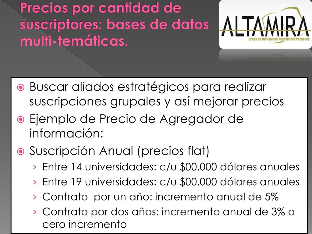 Precios por cantidad de suscriptores: bases de datos multi-temáticas.