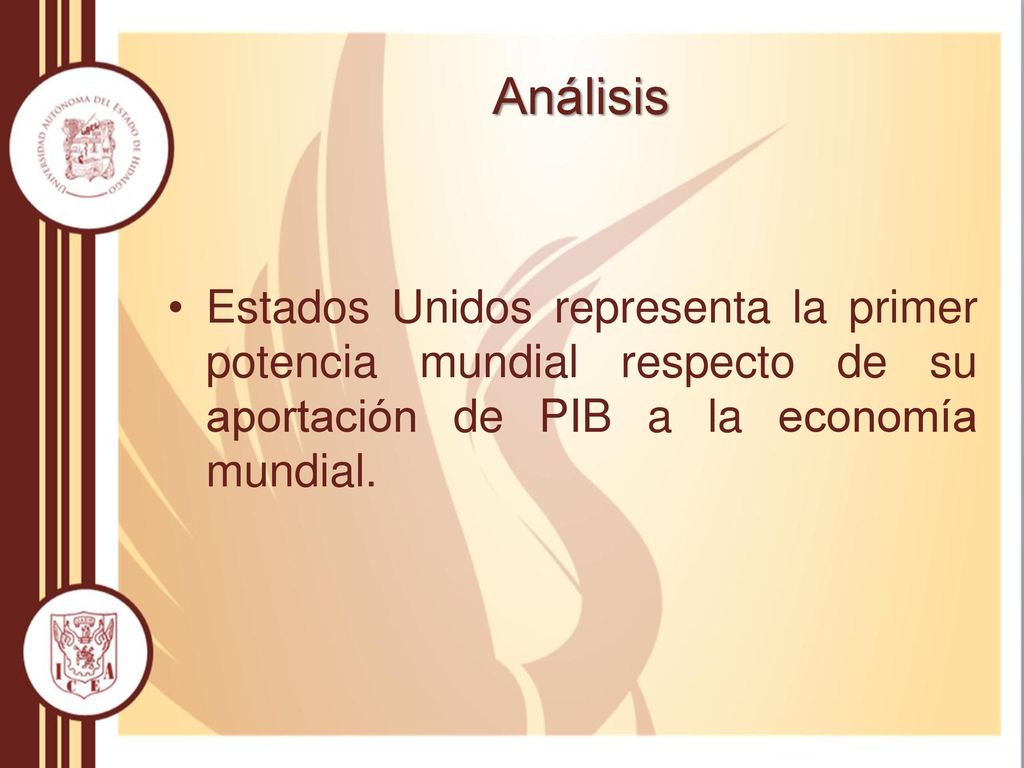 Análisis Estados Unidos representa la primer potencia mundial respecto de su aportación de PIB a la economía mundial.