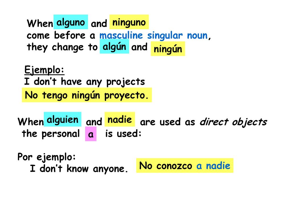 When and come before a masculine singular noun, they change to and. alguno. ninguno.