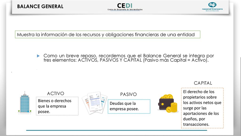 BALANCE GENERAL . Muestra la información de los recursos y obligaciones financieras de una entidad.