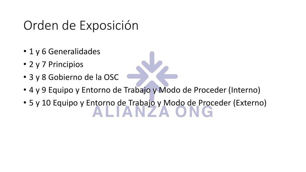 Orden de Exposición 1 y 6 Generalidades 2 y 7 Principios
