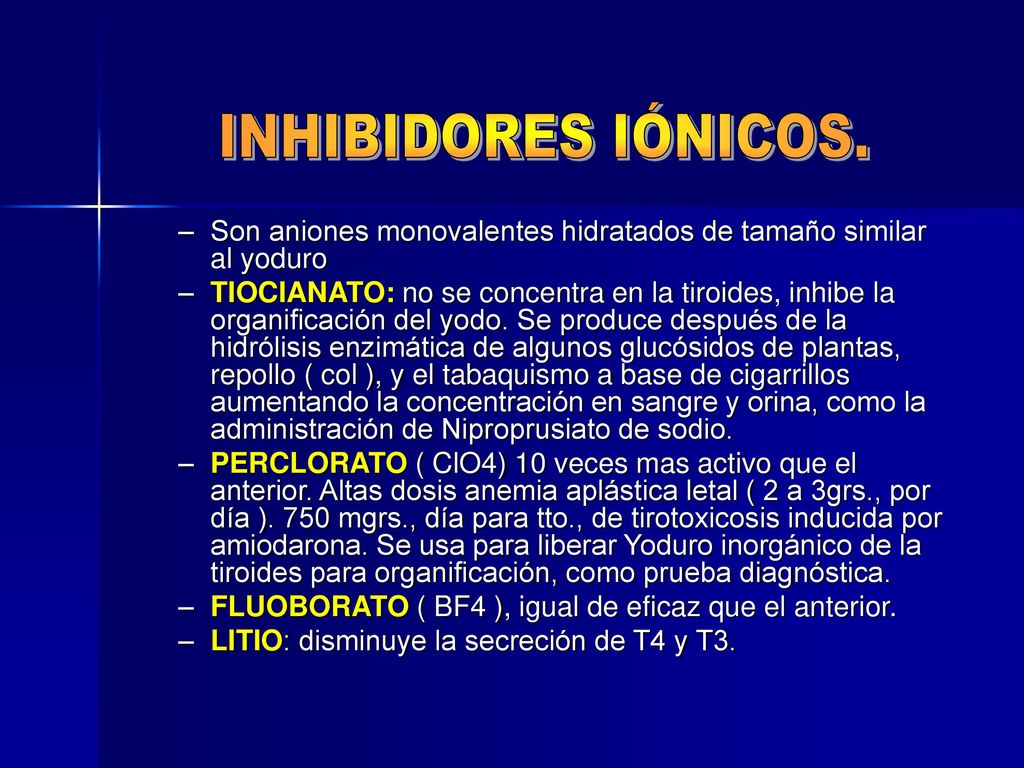 INHIBIDORES IÓNICOS. Son aniones monovalentes hidratados de tamaño similar al yoduro.