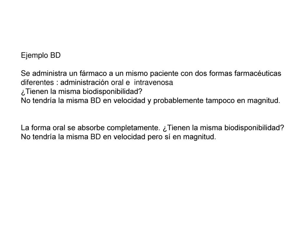 Ejemplo BD Se administra un fármaco a un mismo paciente con dos formas farmacéuticas diferentes : administración oral e intravenosa.