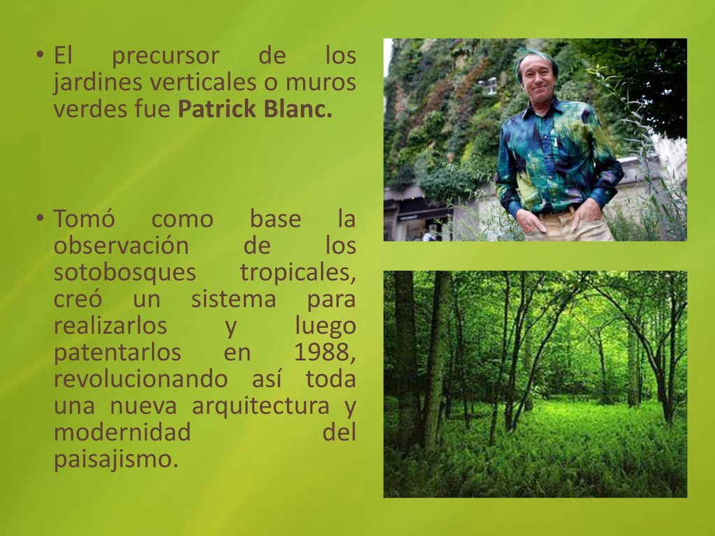El precursor de los jardines verticales o muros verdes fue Patrick Blanc.