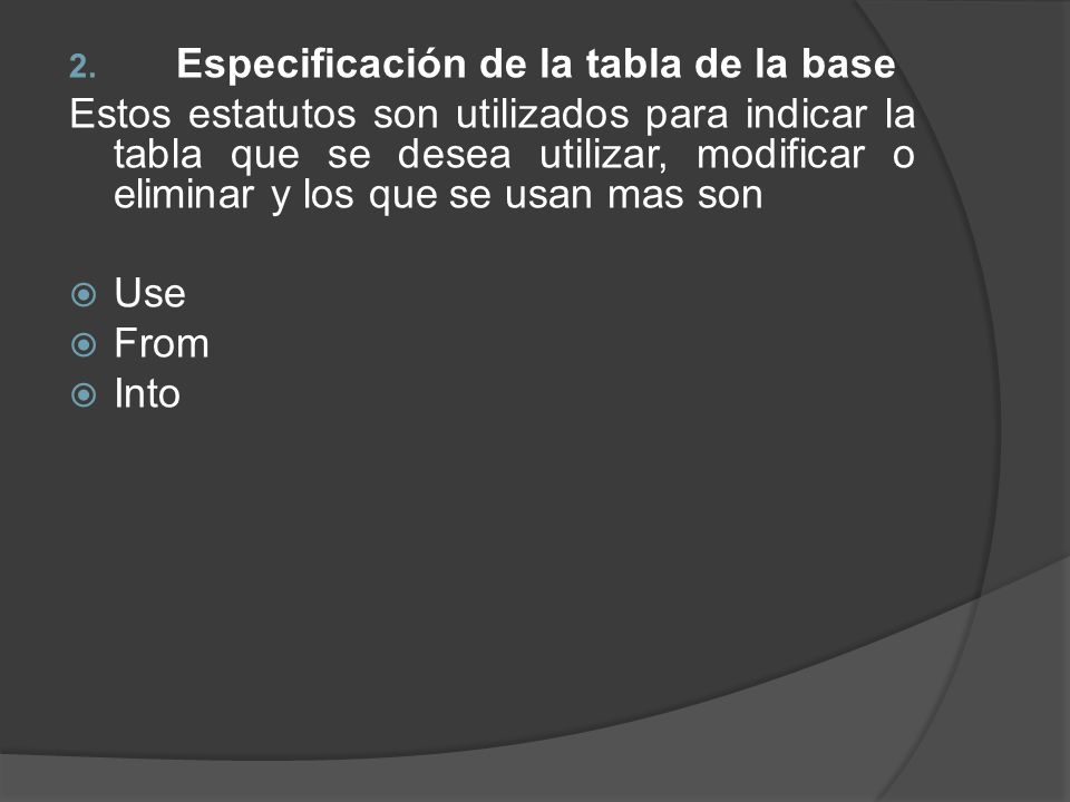Especificación de la tabla de la base