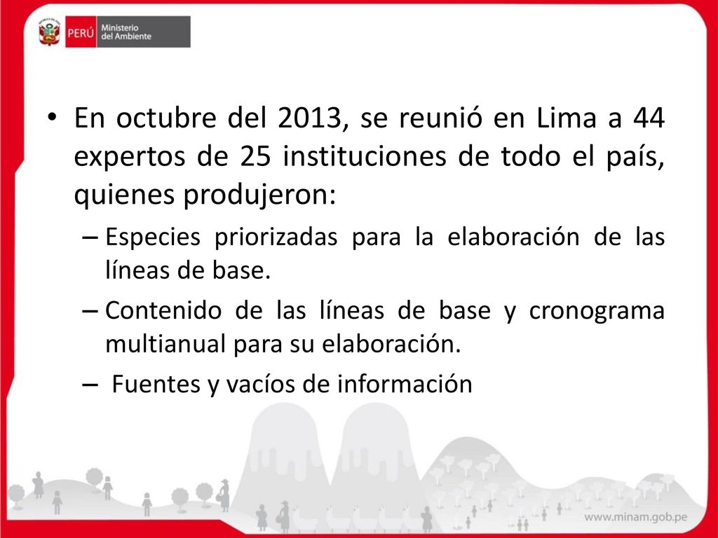 En octubre del 2013, se reunió en Lima a 44 expertos de 25 instituciones de todo el país, quienes produjeron: