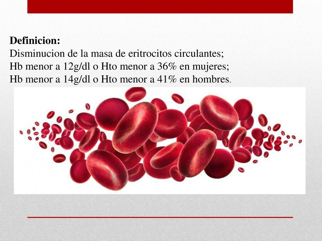 Definicion: Disminucion de la masa de eritrocitos circulantes; Hb menor a 12g/dl o Hto menor a 36% en mujeres;