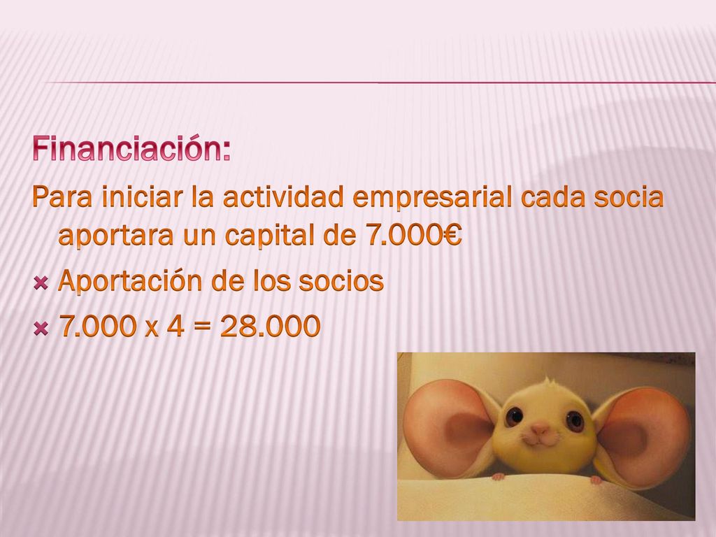 Financiación: Para iniciar la actividad empresarial cada socia aportara un capital de 7.000€ Aportación de los socios.