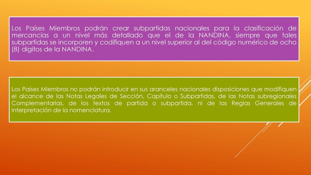Los Países Miembros podrán crear subpartidas nacionales para la clasificación de mercancías a un nivel más detallado que el de la NANDINA, siempre que tales subpartidas se incorporen y codifiquen a un nivel superior al del código numérico de ocho (8) dígitos de la NANDINA.