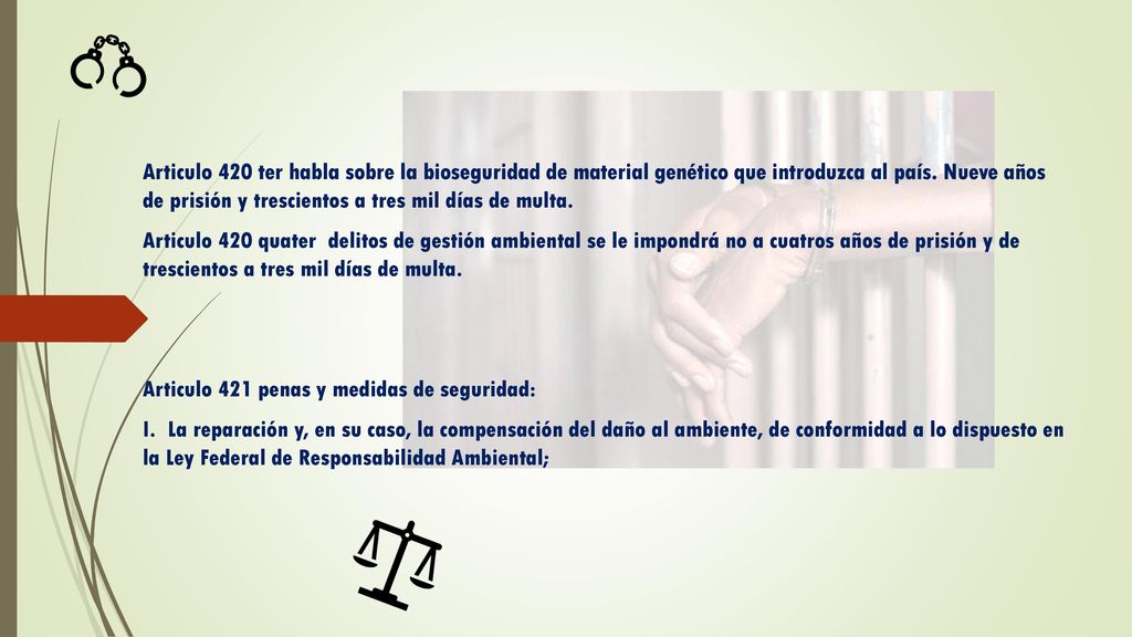 Articulo 420 ter habla sobre la bioseguridad de material genético que introduzca al país. Nueve años de prisión y trescientos a tres mil días de multa.