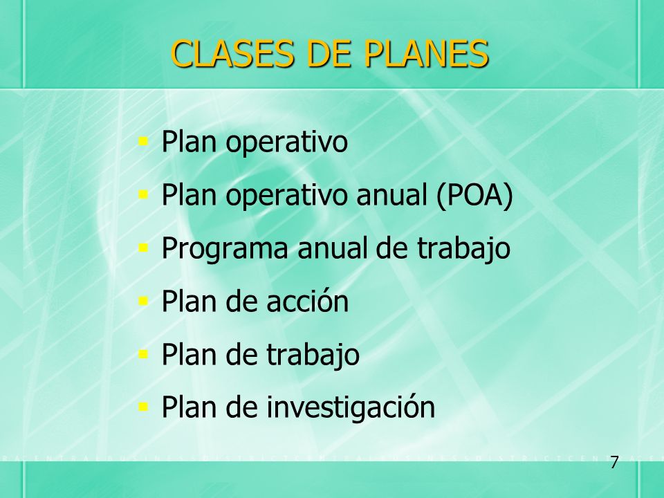 CLASES DE PLANES Plan operativo Plan operativo anual (POA)