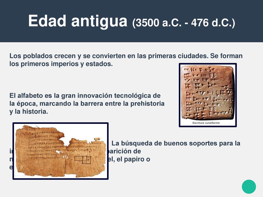 Edad antigua (3500 a.C d.C.) Los poblados crecen y se convierten en las primeras ciudades. Se forman los primeros imperios y estados.