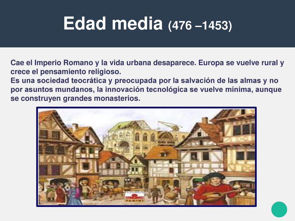 Edad media (476 –1453) Cae el Imperio Romano y la vida urbana desaparece. Europa se vuelve rural y crece el pensamiento religioso.