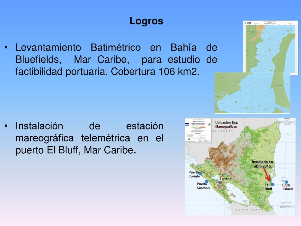Logros Levantamiento Batimétrico en Bahía de Bluefields, Mar Caribe, para estudio de factibilidad portuaria. Cobertura 106 km2.
