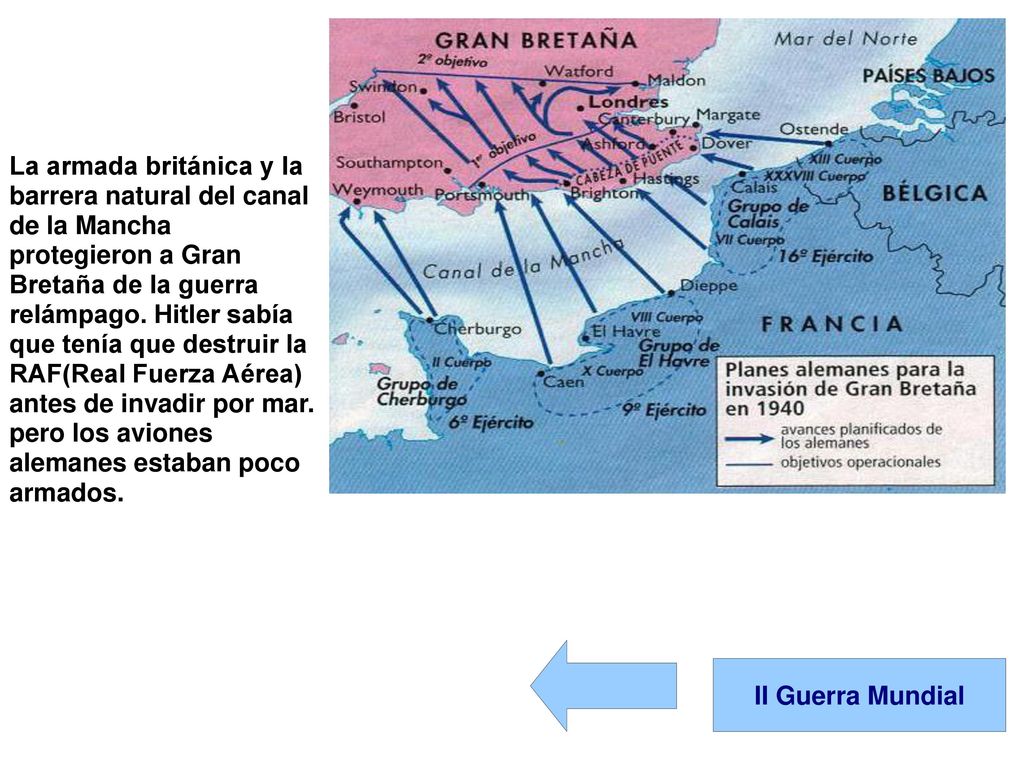 La armada británica y la barrera natural del canal de la Mancha protegieron a Gran Bretaña de la guerra relámpago. Hitler sabía que tenía que destruir la RAF(Real Fuerza Aérea) antes de invadir por mar. pero los aviones alemanes estaban poco armados.