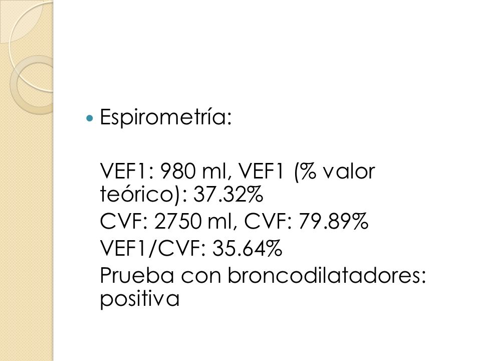 Espirometría: VEF1: 980 ml, VEF1 (% valor teórico): 37.32% CVF: 2750 ml, CVF: 79.89% VEF1/CVF: 35.64%