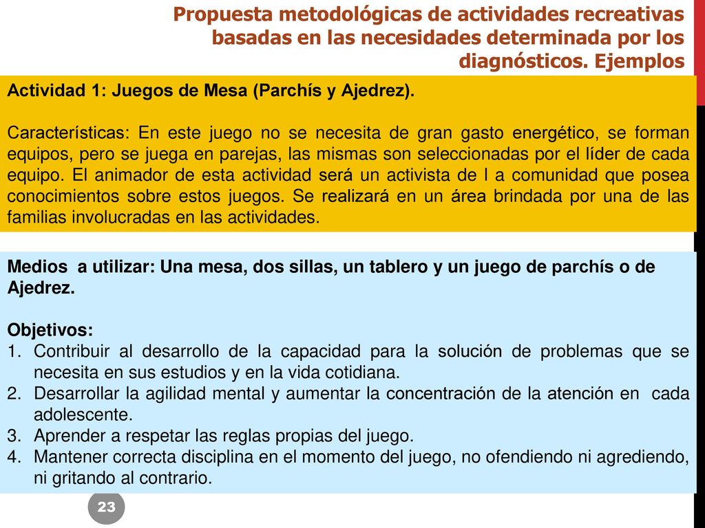 Propuesta metodológicas de actividades recreativas basadas en las necesidades determinada por los diagnósticos. Ejemplos