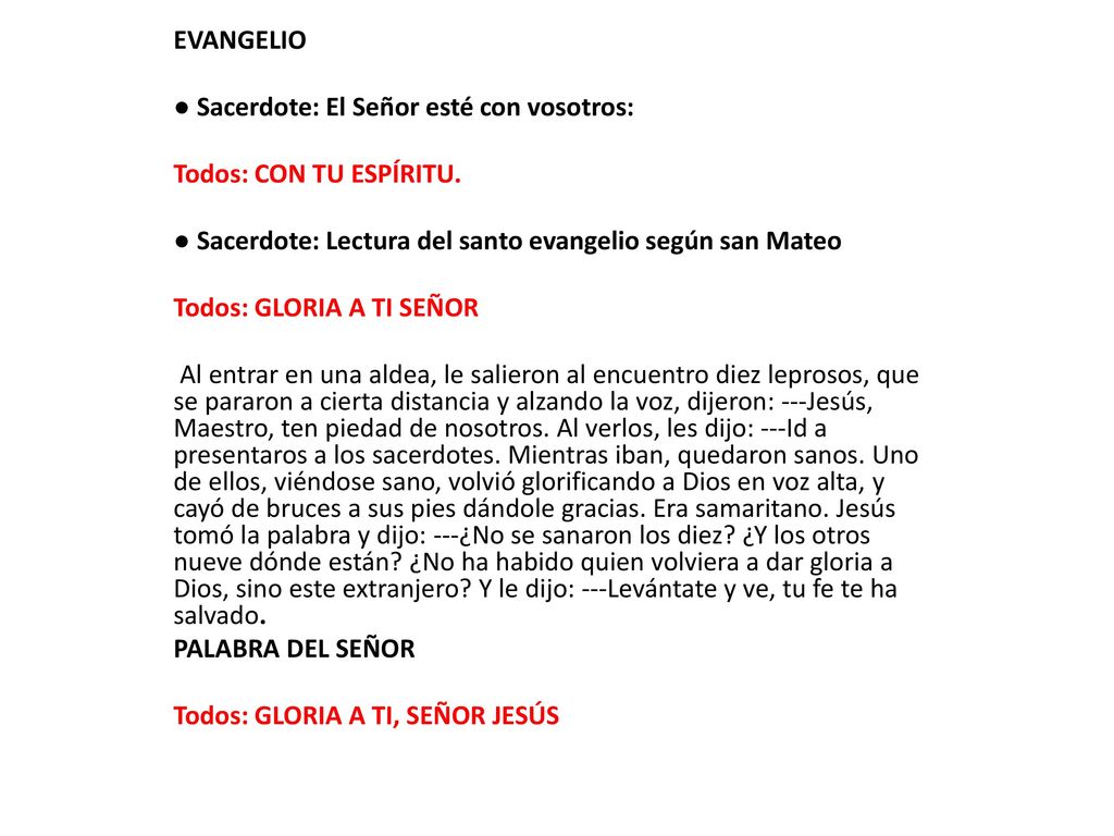 EVANGELIO ● Sacerdote: El Señor esté con vosotros: Todos: CON TU ESPÍRITU. ● Sacerdote: Lectura del santo evangelio según san Mateo.