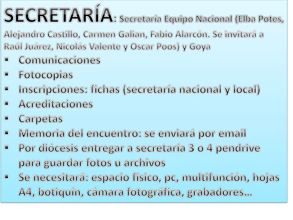 SECRETARÍA: Secretaría Equipo Nacional (Elba Potes, Alejandro Castillo, Carmen Galian, Fabio Alarcón. Se invitará a