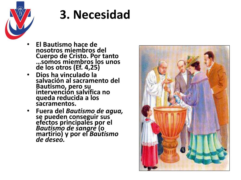 3. Necesidad El Bautismo hace de nosotros miembros del Cuerpo de Cristo. Por tanto …somos miembros los unos de los otros (Ef. 4,25)