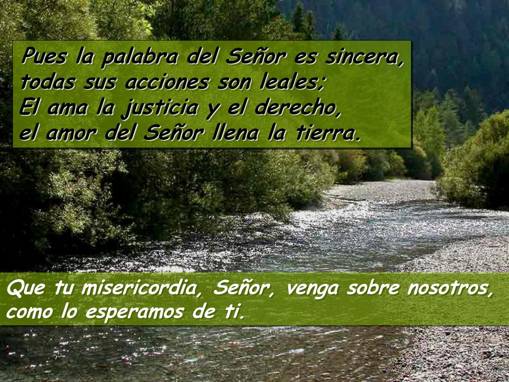 Pues la palabra del Señor es sincera, todas sus acciones son leales; El ama la justicia y el derecho, el amor del Señor llena la tierra.