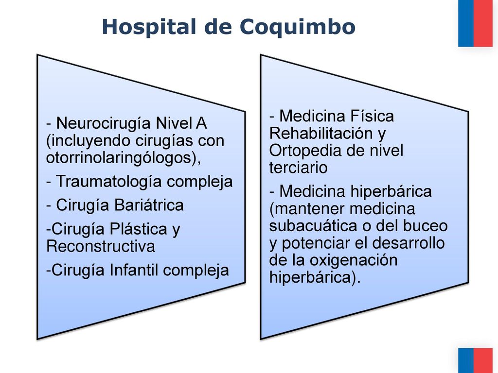 Hospital de Coquimbo - Neurocirugía Nivel A (incluyendo cirugías con otorrinolaringólogos), - Traumatología compleja.