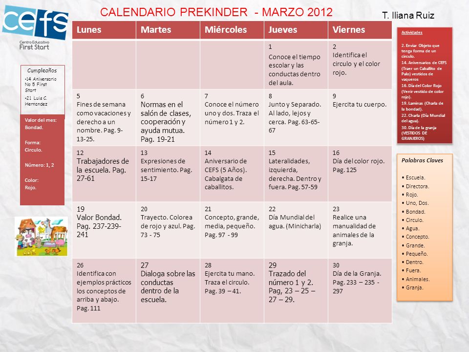 CALENDARIO PREKINDER - MARZO 2012