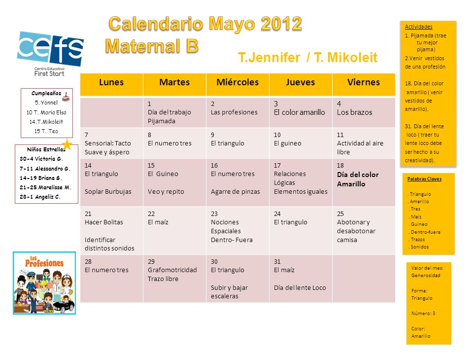 Calendario Mayo 2012 Maternal B T.Jennifer / T. Mikoleit Lunes Martes