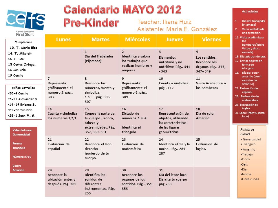 Calendario MAYO 2012 Pre-Kinder Teacher: Iliana Ruiz