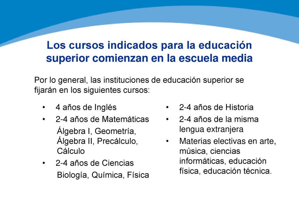 Los cursos indicados para la educación superior comienzan en la escuela media