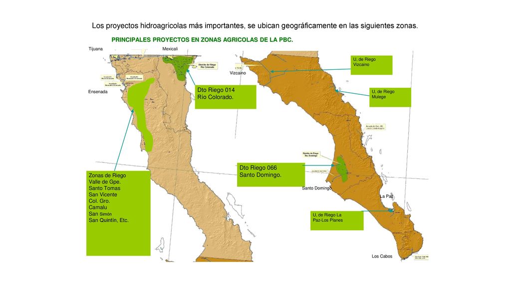 Los proyectos hidroagricolas más importantes, se ubican geográficamente en las siguientes zonas.