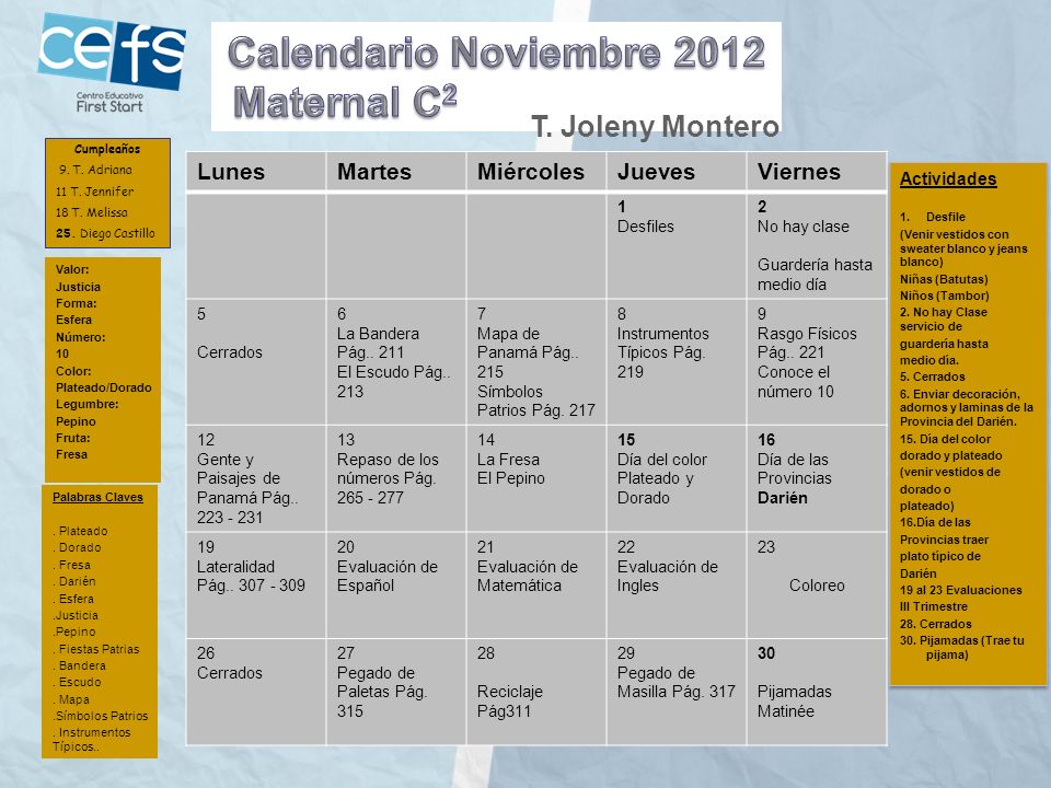Calendario Noviembre 2012 Maternal C2 T. Joleny Montero Lunes Martes