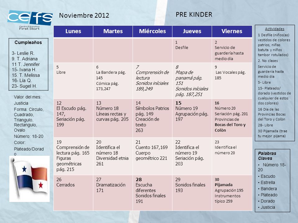 Noviembre 2012 PRE KINDER Lunes Martes Miércoles Jueves Viernes 1