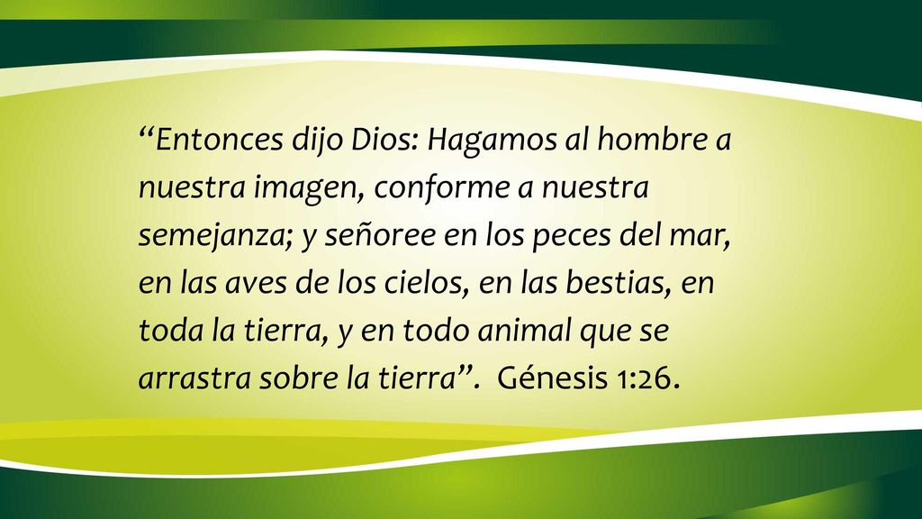 Entonces dijo Dios: Hagamos al hombre a nuestra imagen, conforme a nuestra semejanza; y señoree en los peces del mar, en las aves de los cielos, en las bestias, en toda la tierra, y en todo animal que se arrastra sobre la tierra .