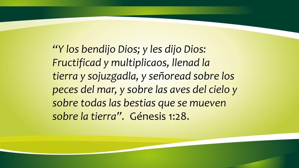 Y los bendijo Dios; y les dijo Dios: Fructificad y multiplicaos, llenad la tierra y sojuzgadla, y señoread sobre los peces del mar, y sobre las aves del cielo y sobre todas las bestias que se mueven sobre la tierra .