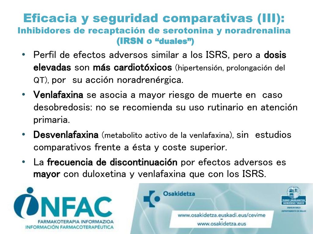 Eficacia y seguridad comparativas (III): Inhibidores de recaptación de serotonina y noradrenalina (IRSN o duales )