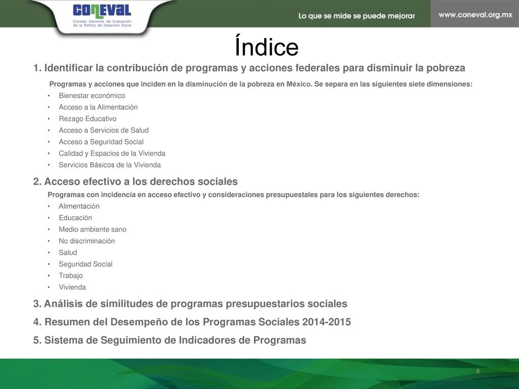 Índice 1. Identificar la contribución de programas y acciones federales para disminuir la pobreza.