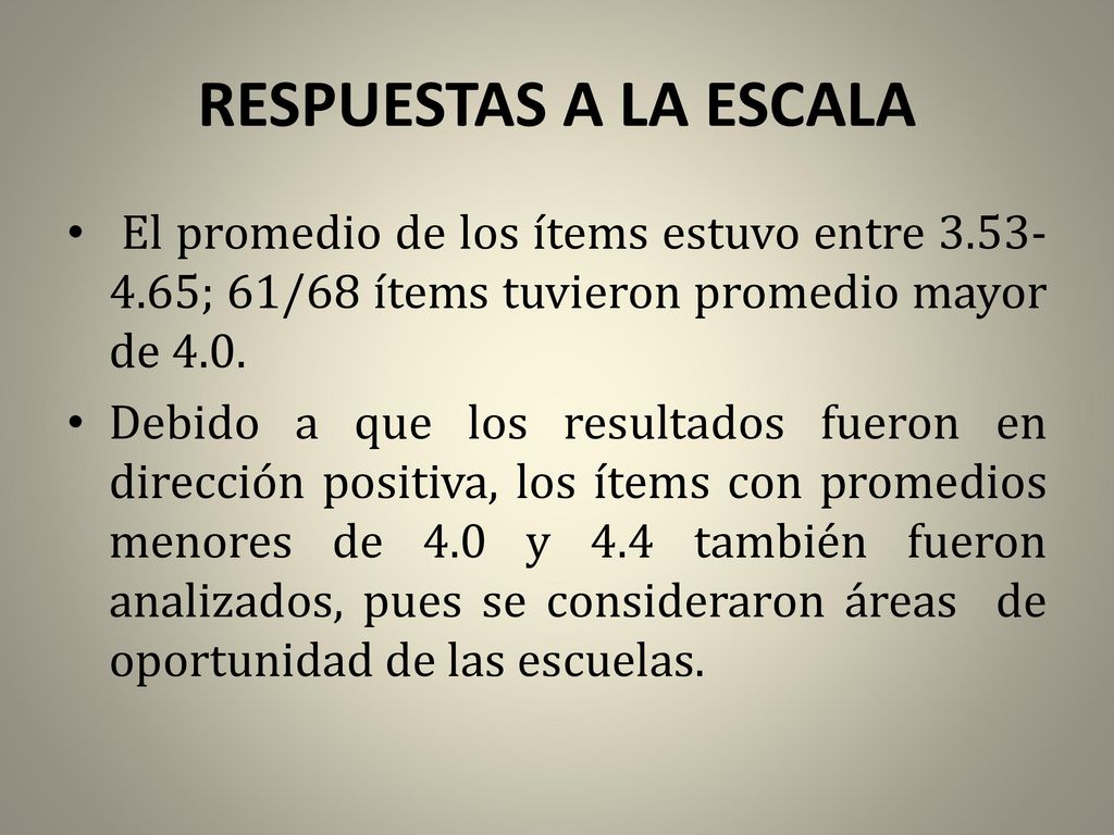 RESPUESTAS A LA ESCALA El promedio de los ítems estuvo entre ; 61/68 ítems tuvieron promedio mayor de 4.0.