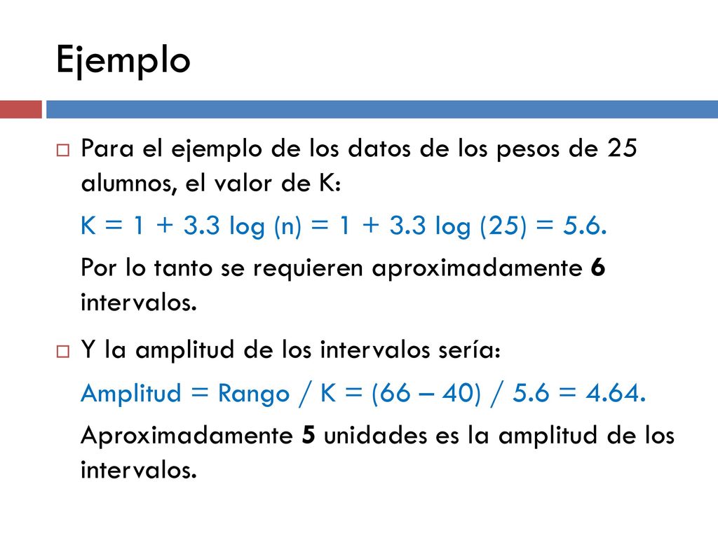 Ejemplo Para el ejemplo de los datos de los pesos de 25 alumnos, el valor de K: Y la amplitud de los intervalos sería: