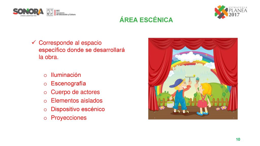 ÁREA ESCÉNICA Corresponde al espacio específico donde se desarrollará la obra. Iluminación. Escenografía.