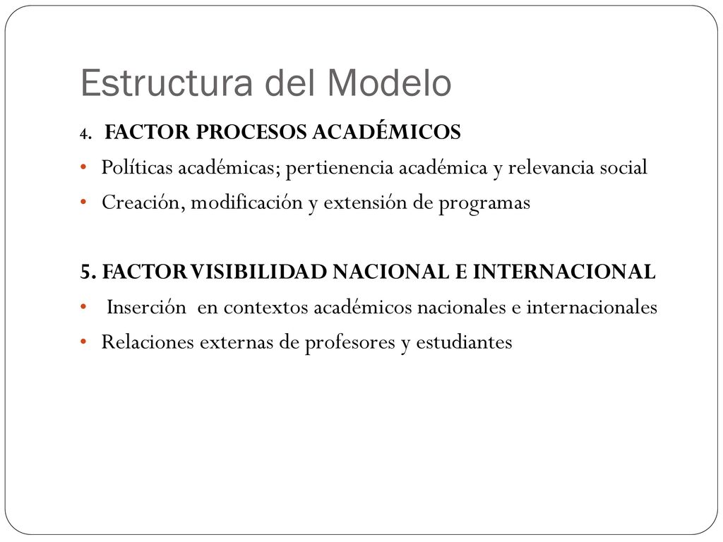 Estructura del Modelo 4. FACTOR PROCESOS ACADÉMICOS. Políticas académicas; pertienencia académica y relevancia social.