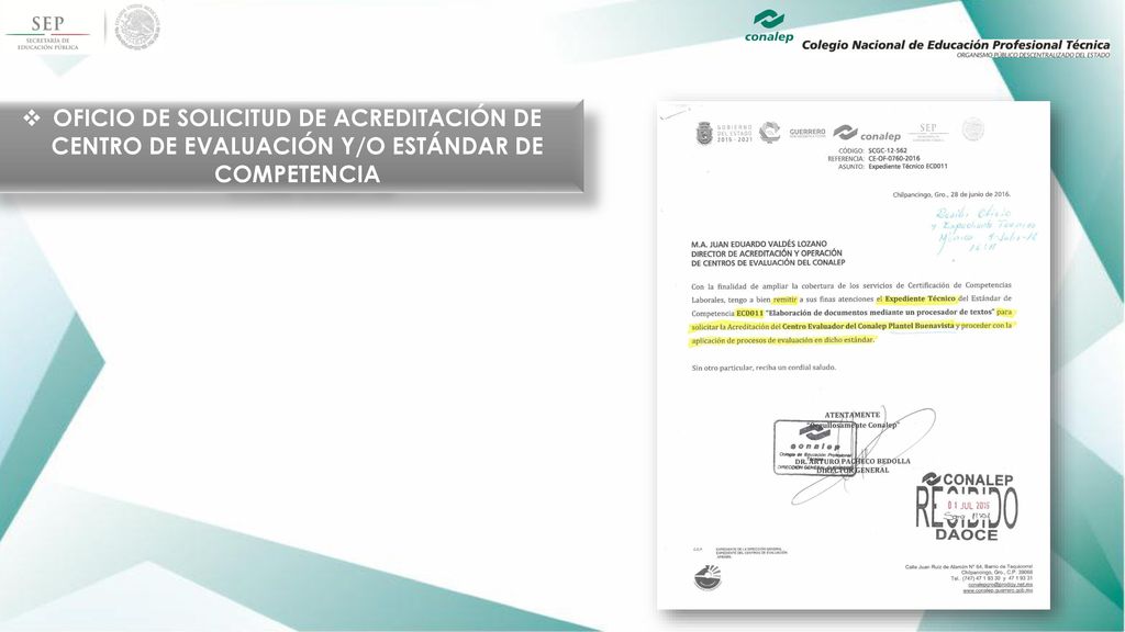 OFICIO DE SOLICITUD DE ACREDITACIÓN DE CENTRO DE EVALUACIÓN Y/O ESTÁNDAR DE COMPETENCIA