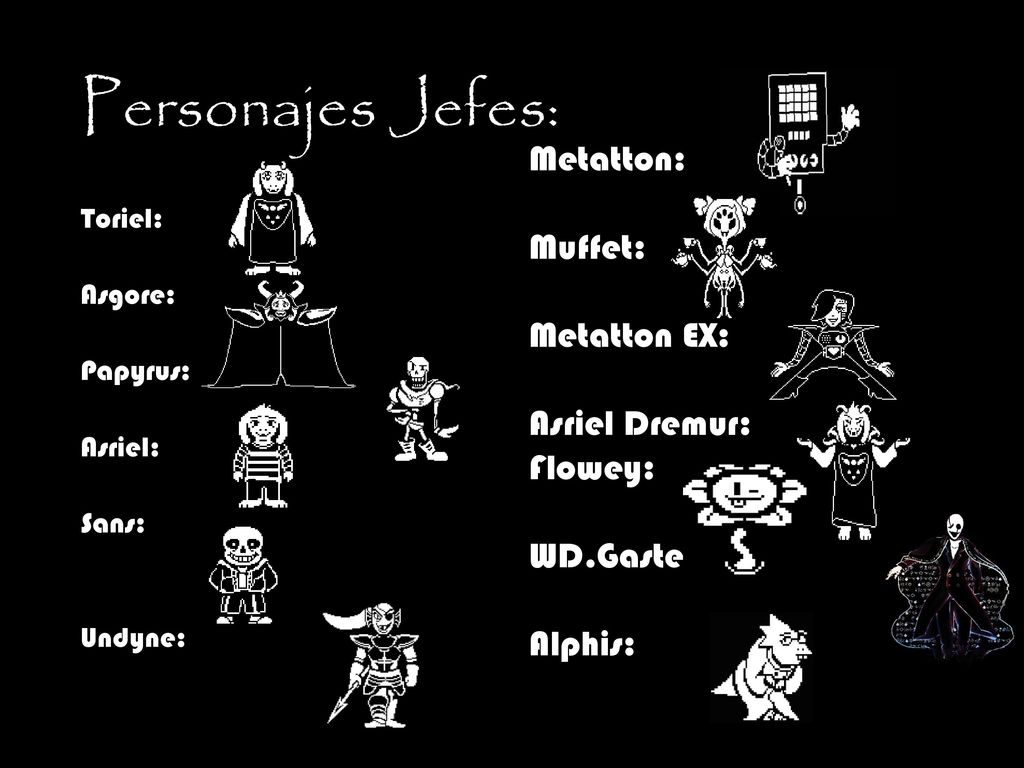 Personajes Jefes: Metatton: Muffet: Metatton EX: Asriel Dremur: Flowey: WD.Gaster: Alphis: Toriel: Asgore: Papyrus: Asriel: Sans: Undyne: