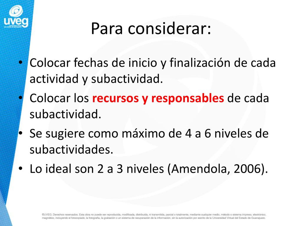 Para considerar: Colocar fechas de inicio y finalización de cada actividad y subactividad. Colocar los recursos y responsables de cada subactividad.