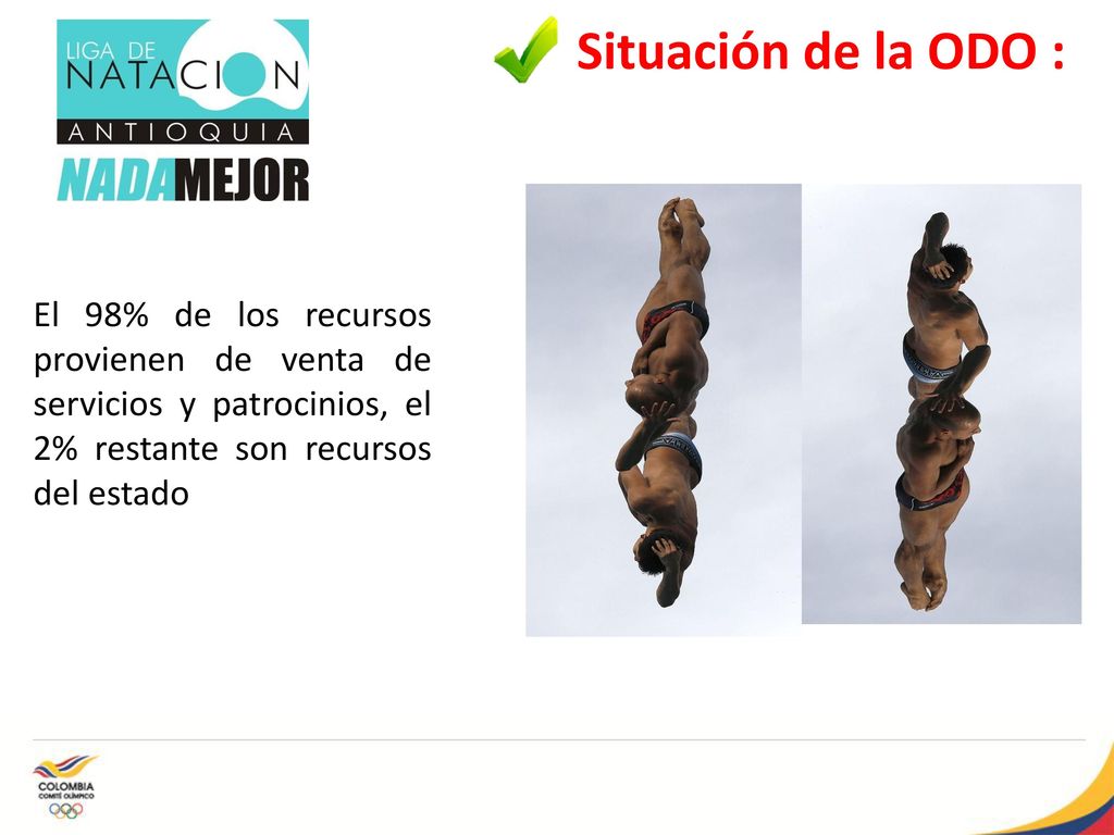 Situación de la ODO : El 98% de los recursos provienen de venta de servicios y patrocinios, el 2% restante son recursos del estado.