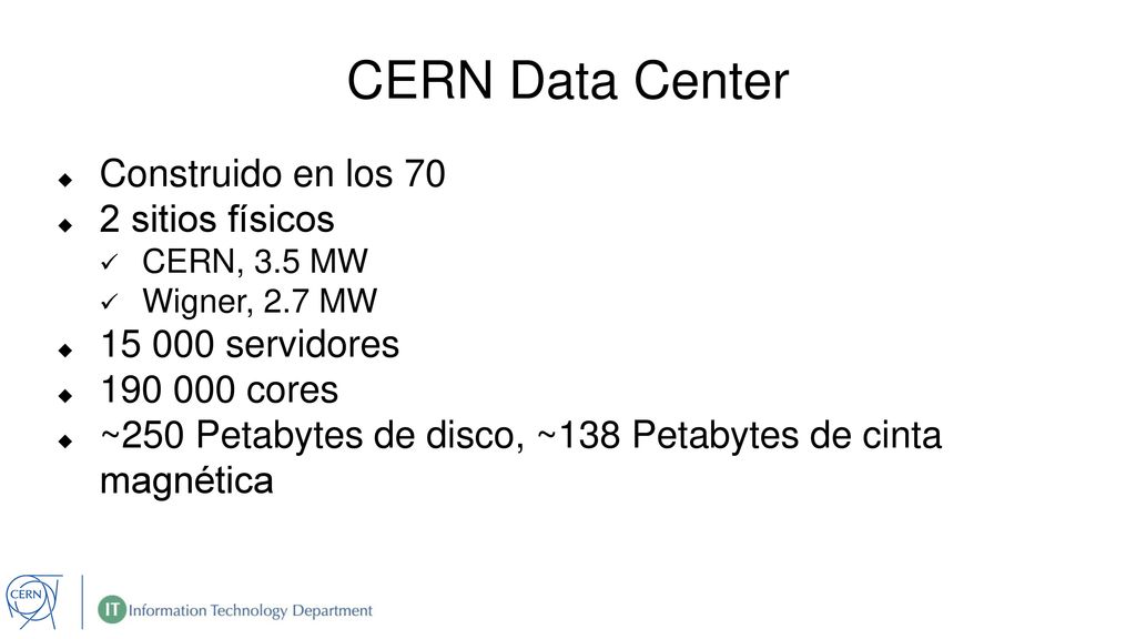 CERN Data Center Construido en los 70 2 sitios físicos