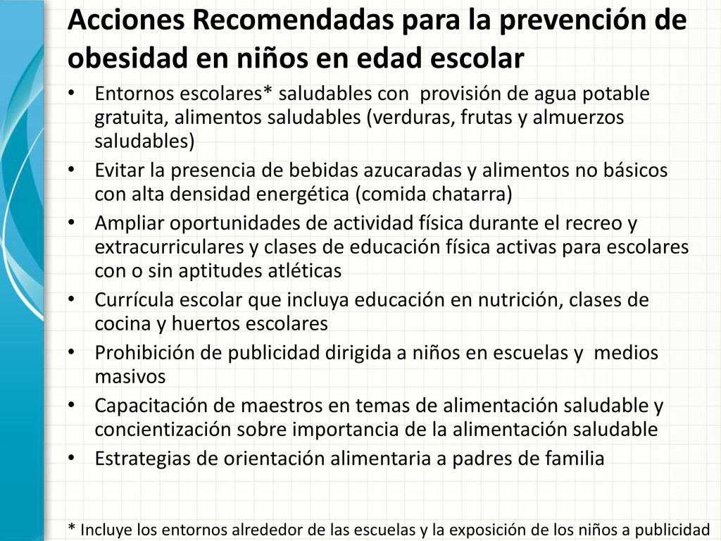 Acciones Recomendadas para la prevención de obesidad en niños en edad escolar